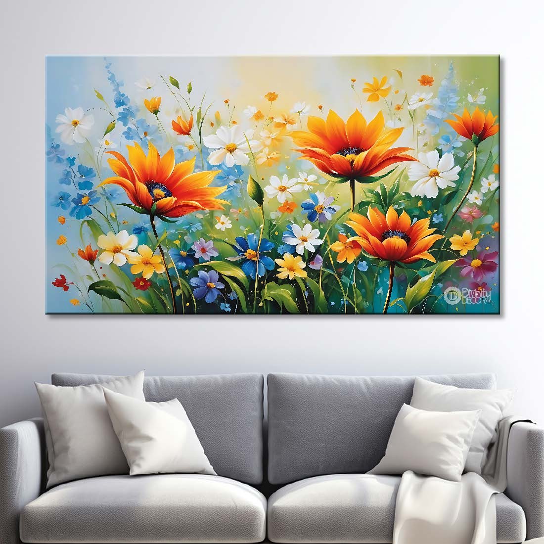 Orange flowers in sky blue background canvas painting- Flower-619