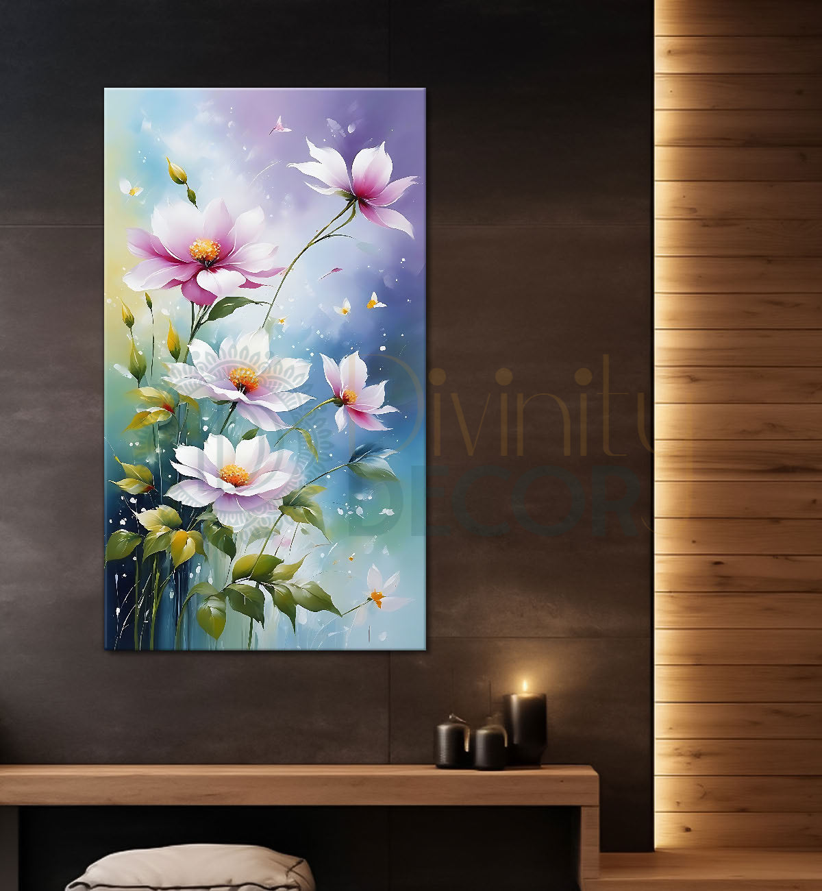 Pink flowers in blue textured background painting - Flower-V-619