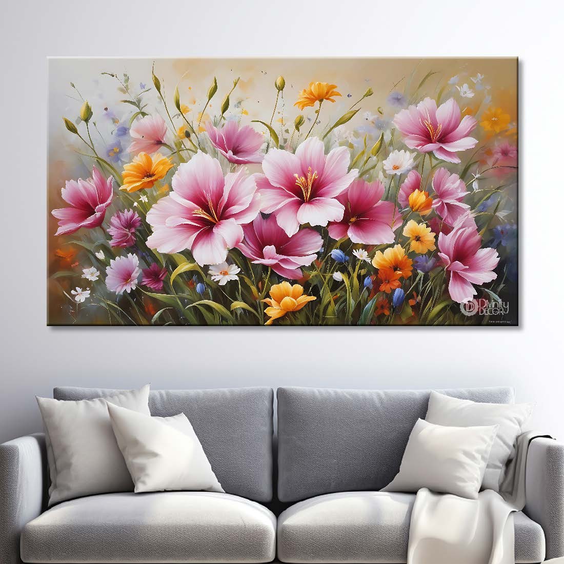 Pink flowers in light background canvas painting- Flower-620