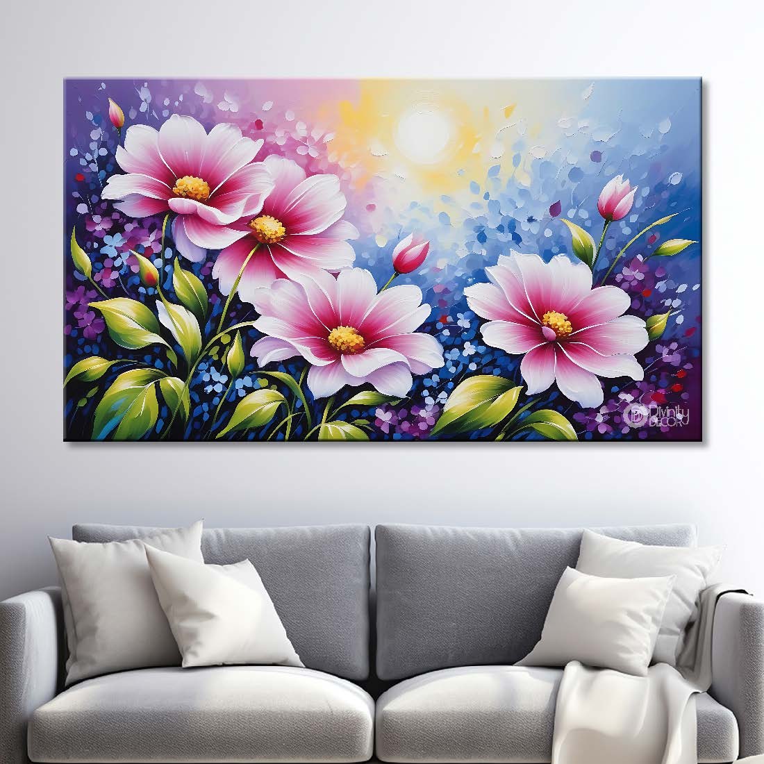 Pink flowers in sky blue background canvas painting- Flower-621