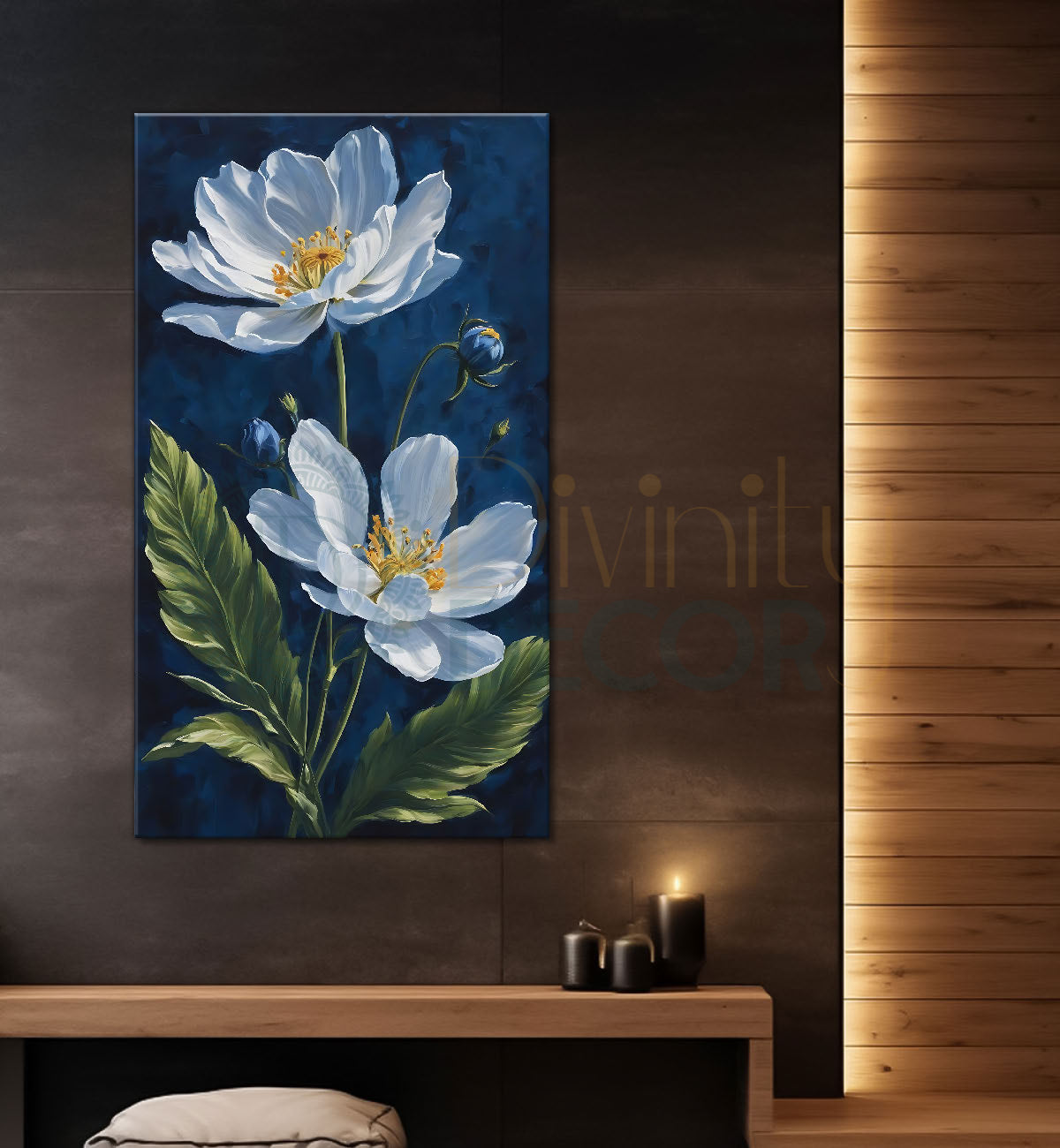 White flowers in blue textured painting - Flower-V-621