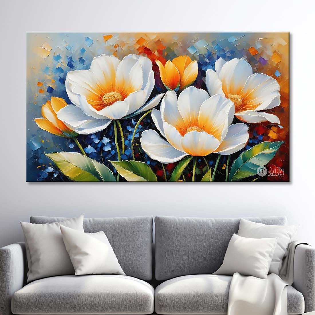 White flowers in blue background canvas painting- Flower-622