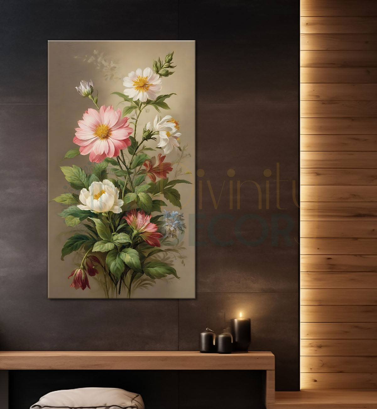 White and pink flowers in light textured painting - Flower-V-622