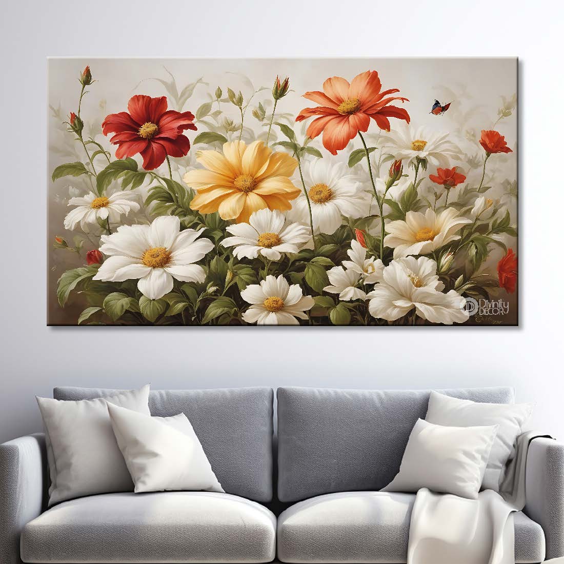 White and red flowers in light background canvas painting- Flower-623