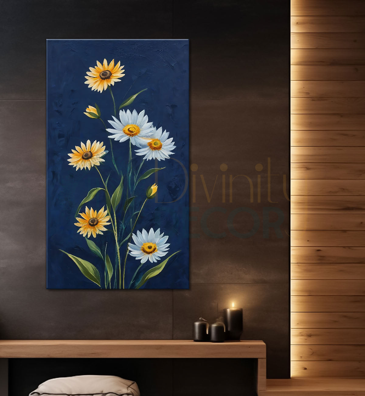 White and yellow flowers in blue textured painting - Flower-V-623