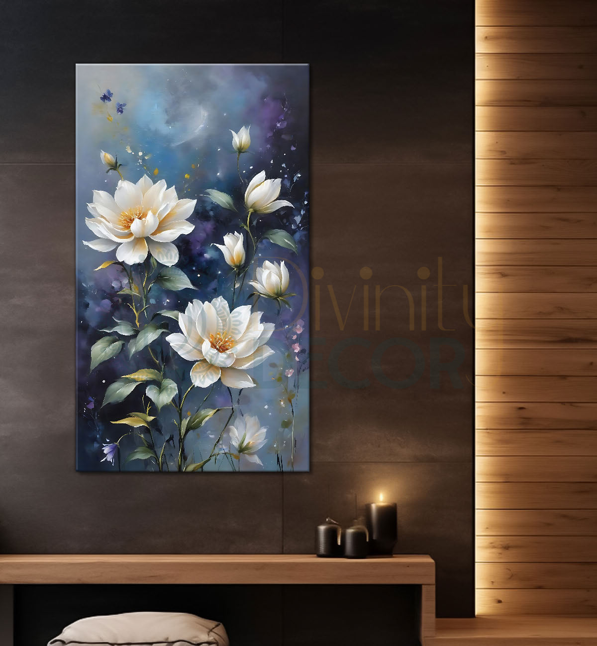 White flowers in blue textured painting - Flower-V-624