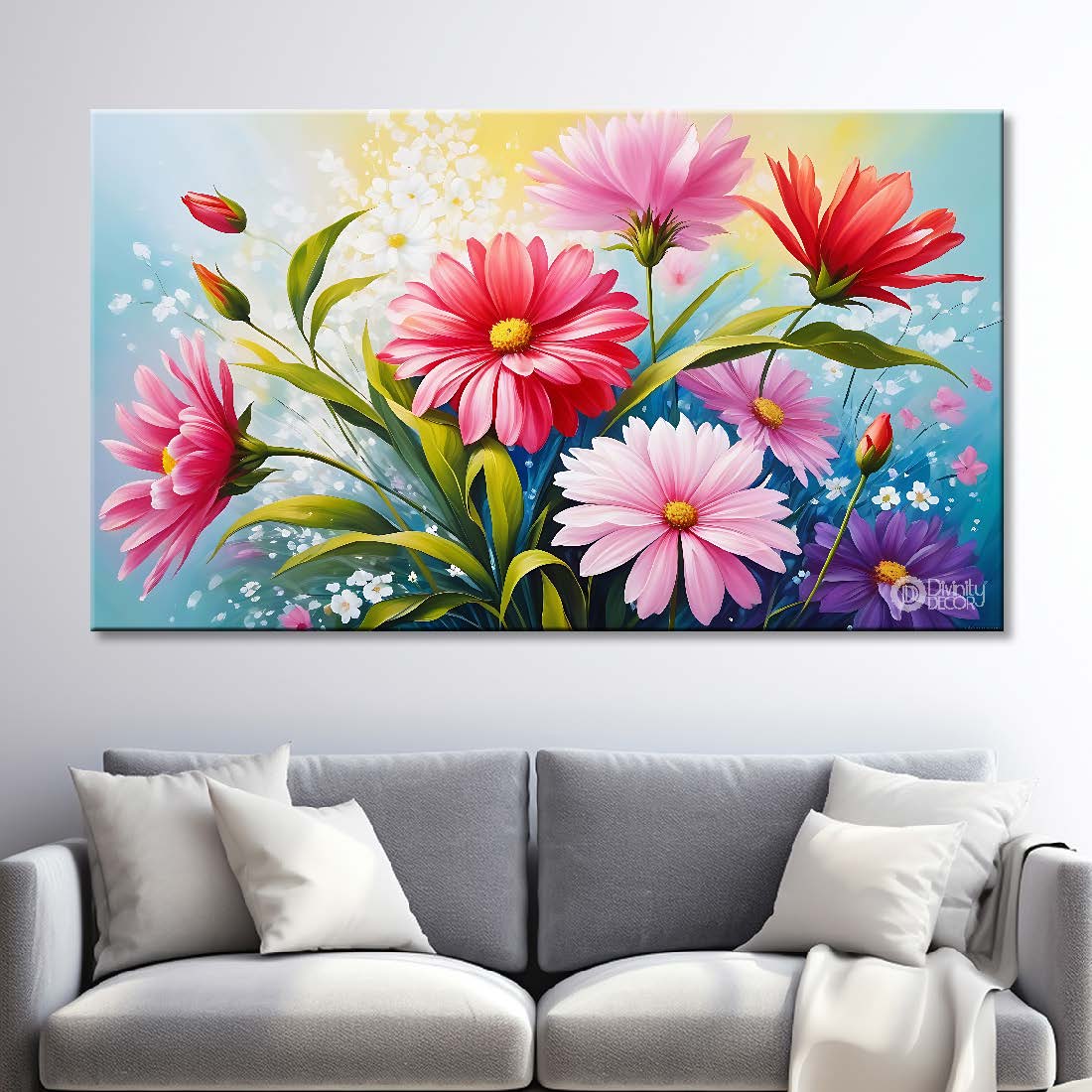 Pink flowers in sky blue background canvas painting- Flower-625
