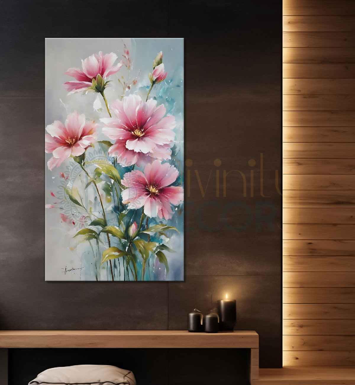 Pink flowers in blue textured background painting- Flower-V-625