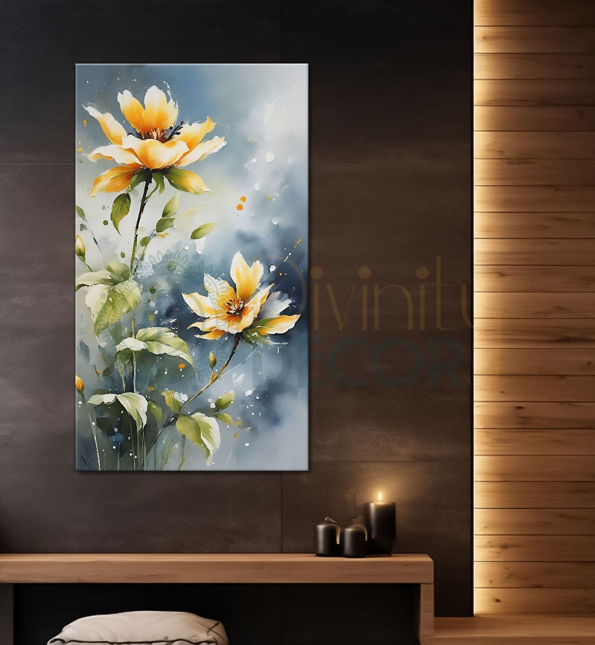 Yellow flowers in blue textured background painting- Flower-V-626