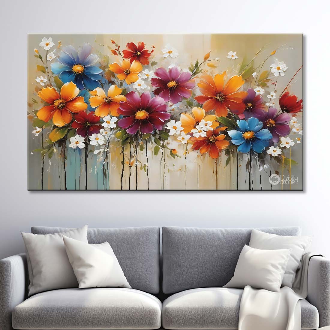 Colorful flowers in light background canvas painting- Flower-627
