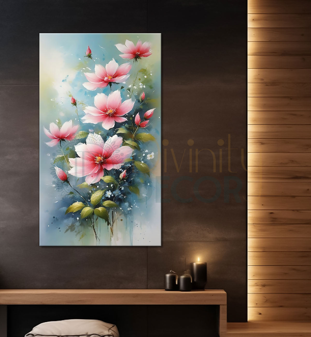 Pink flowers in blue textured background painting- Flower-V-627