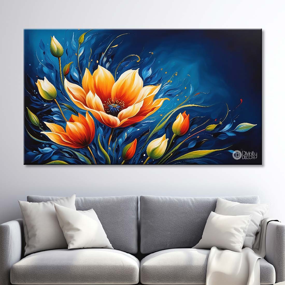 Orange flowers in navy blue background canvas painting- Flower-628