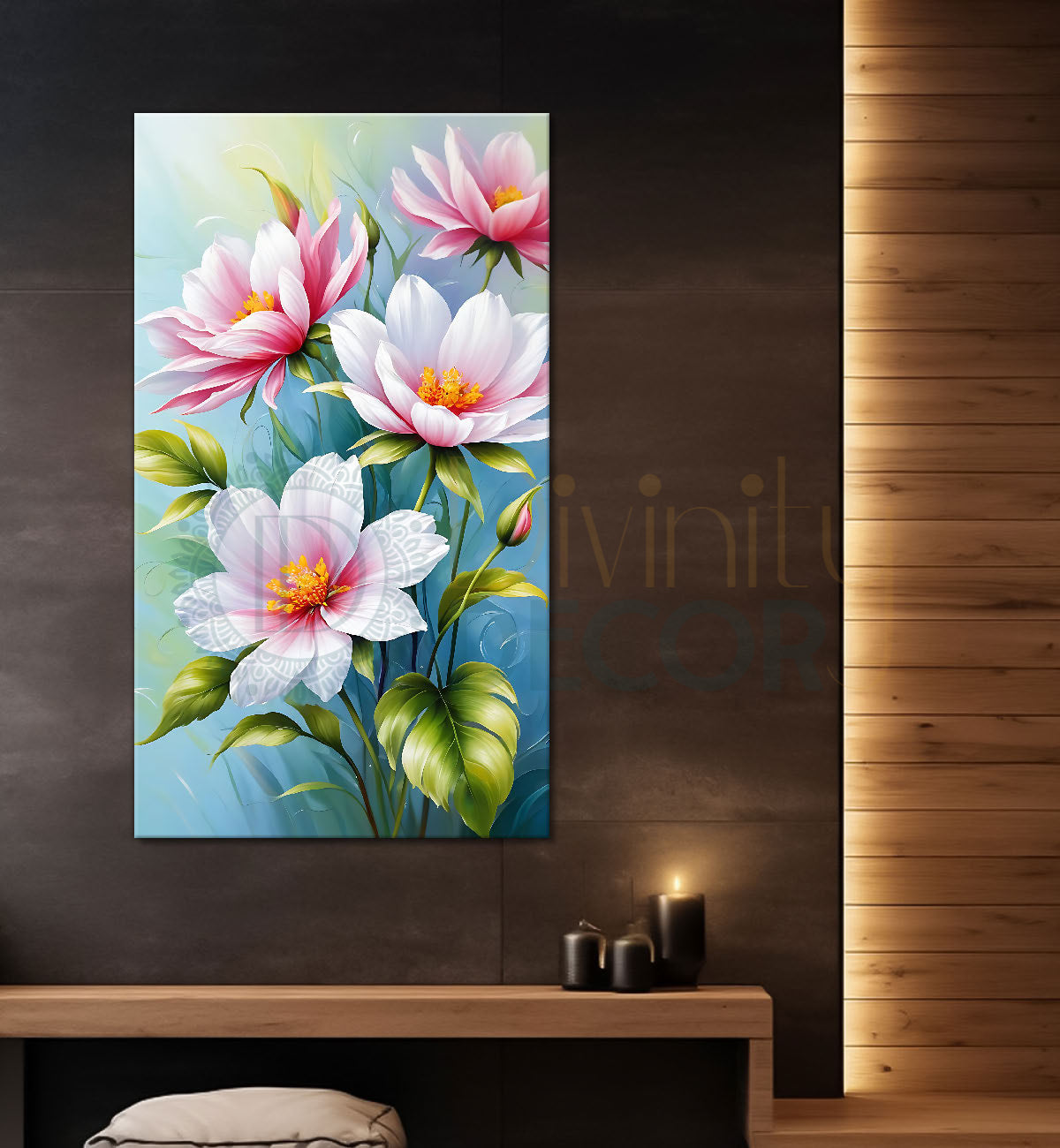 Pink flowers in blue textured background painting- Flower-V-628
