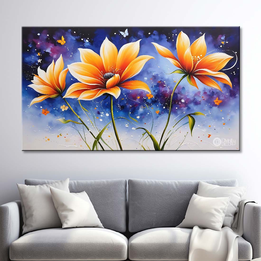 Orange flowers in blue background canvas painting- Flower-629