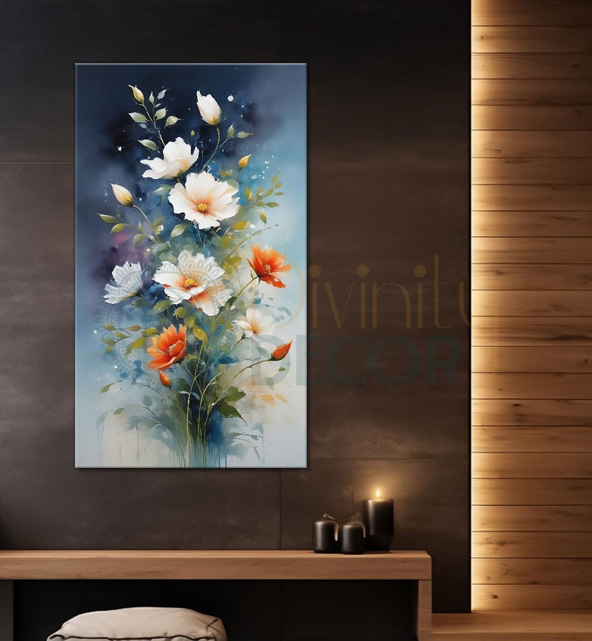 White and orange flowers in blue textured painting- Flower-V-629