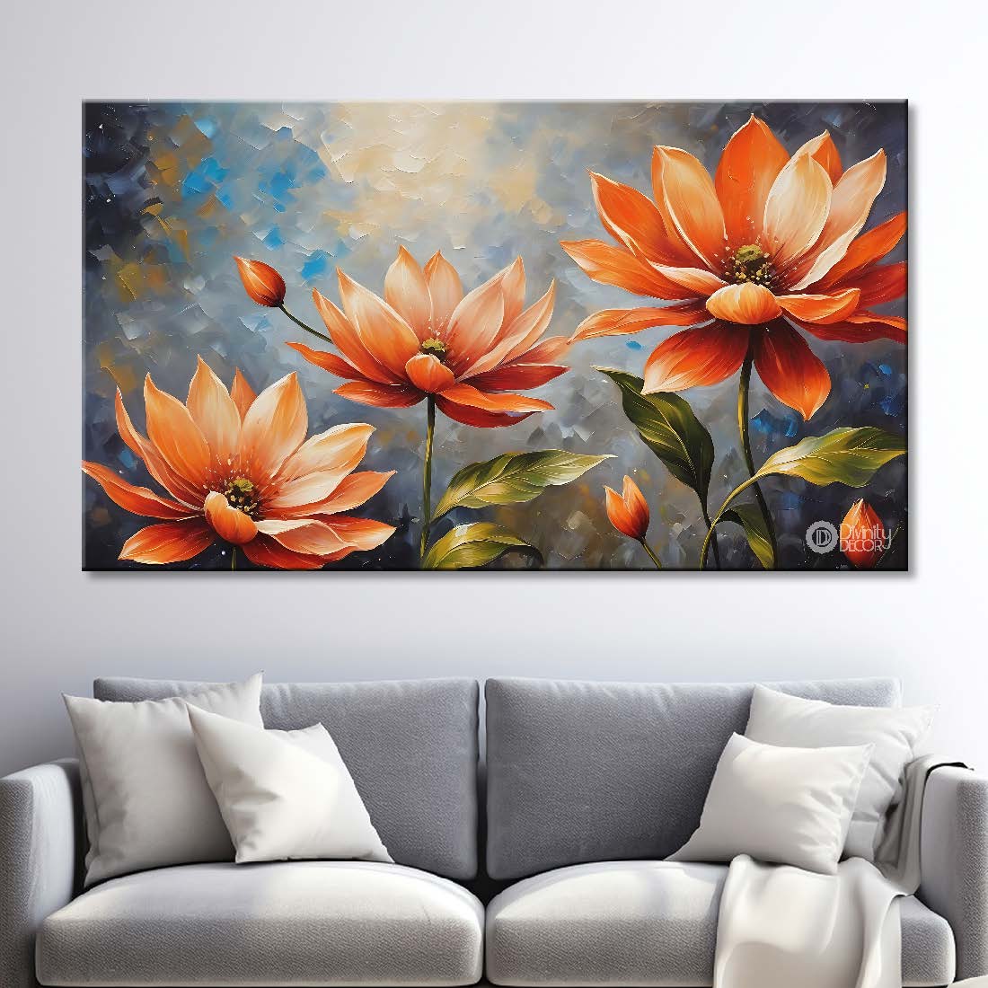Orange flowers in grey background canvas painting- Flower-630