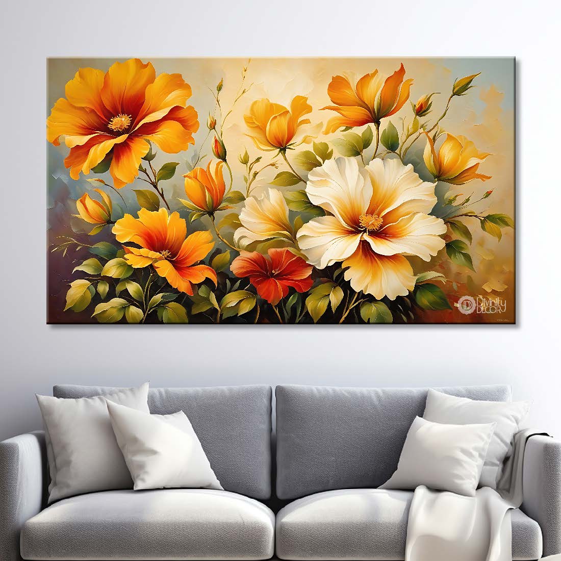Orange flowers in light background canvas painting- Flower-631