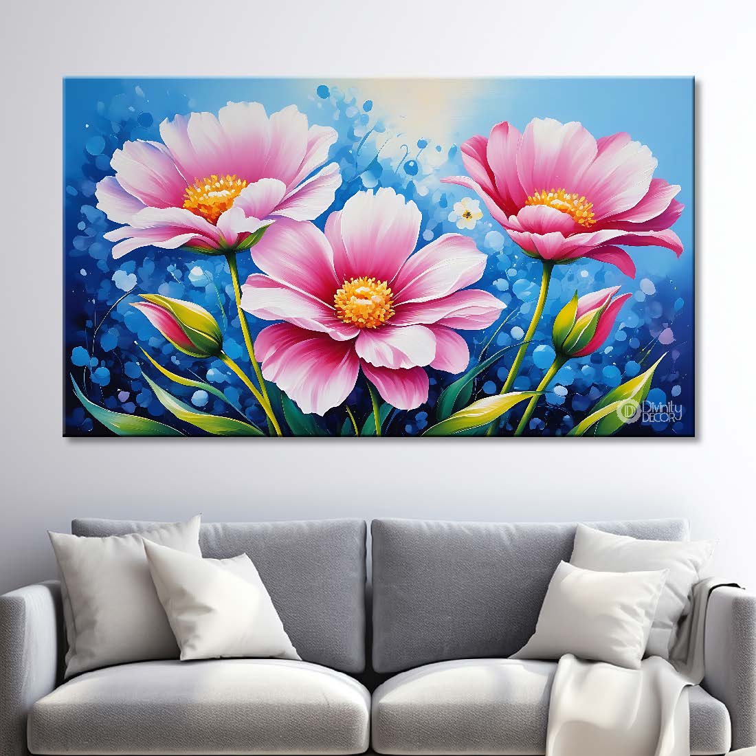 Pink flowers in sky blue background canvas painting- Flower-632
