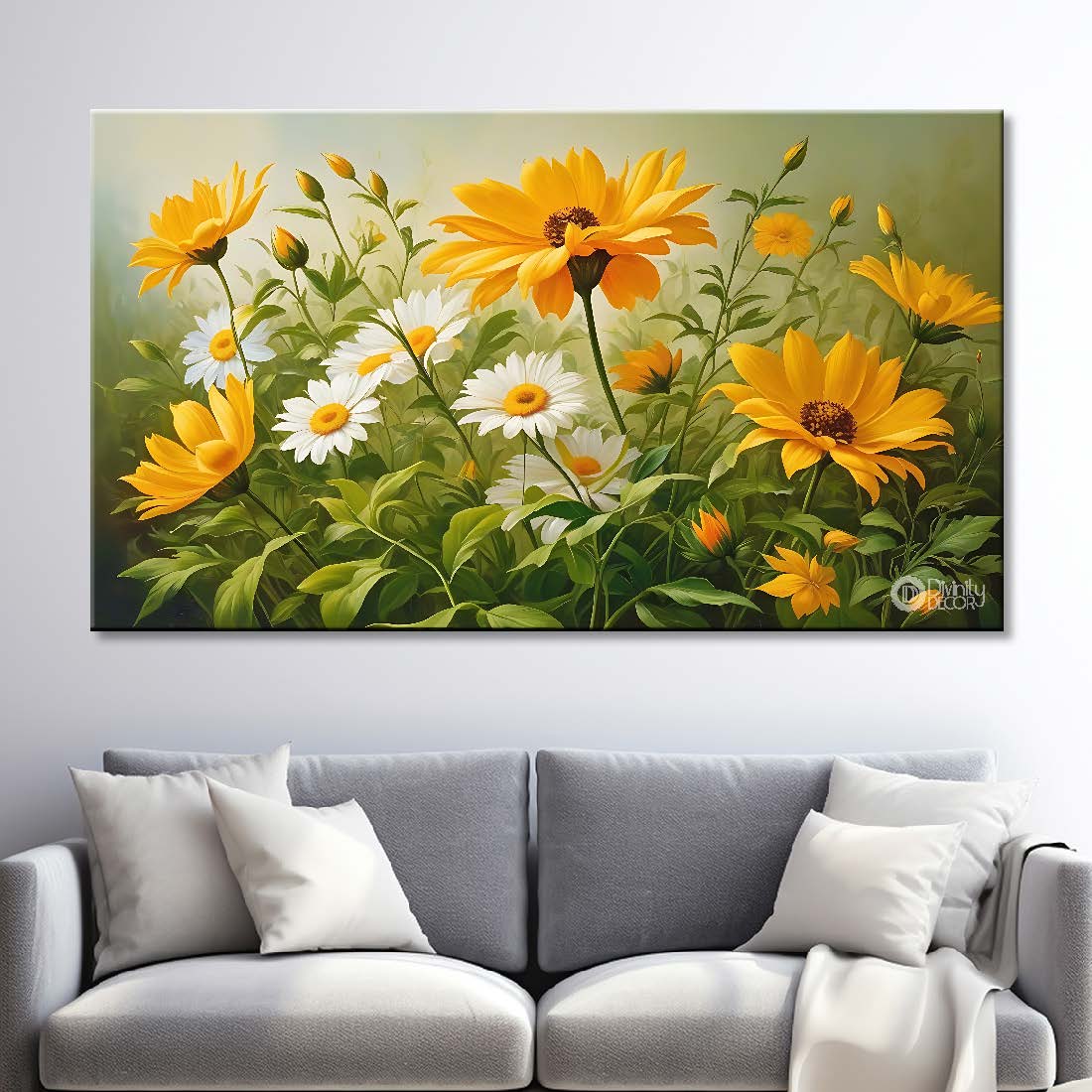 White and yellow flowers in grey background canvas painting- Flower-633