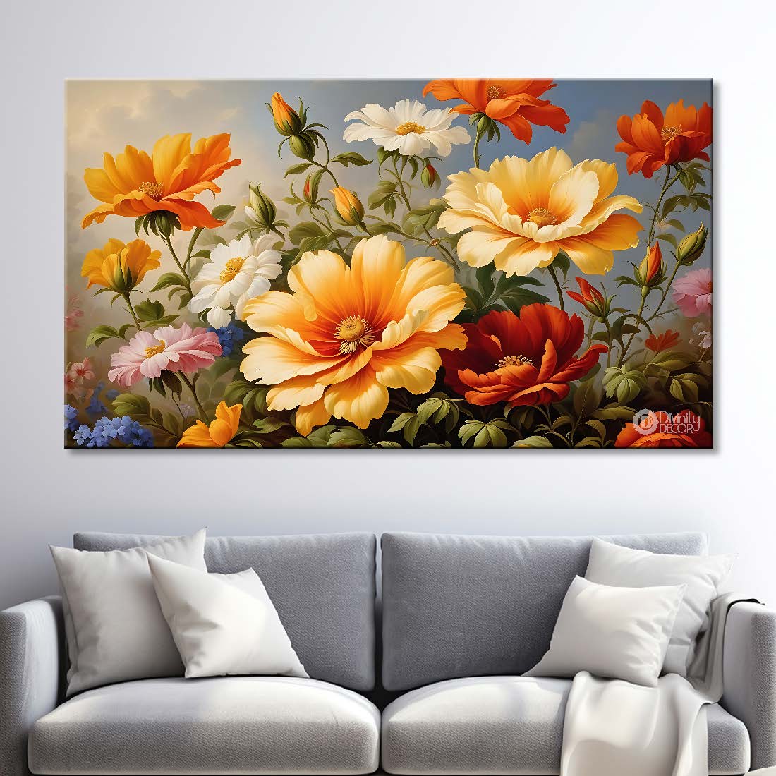 Colorful flowers in grey background canvas painting- Flower-634