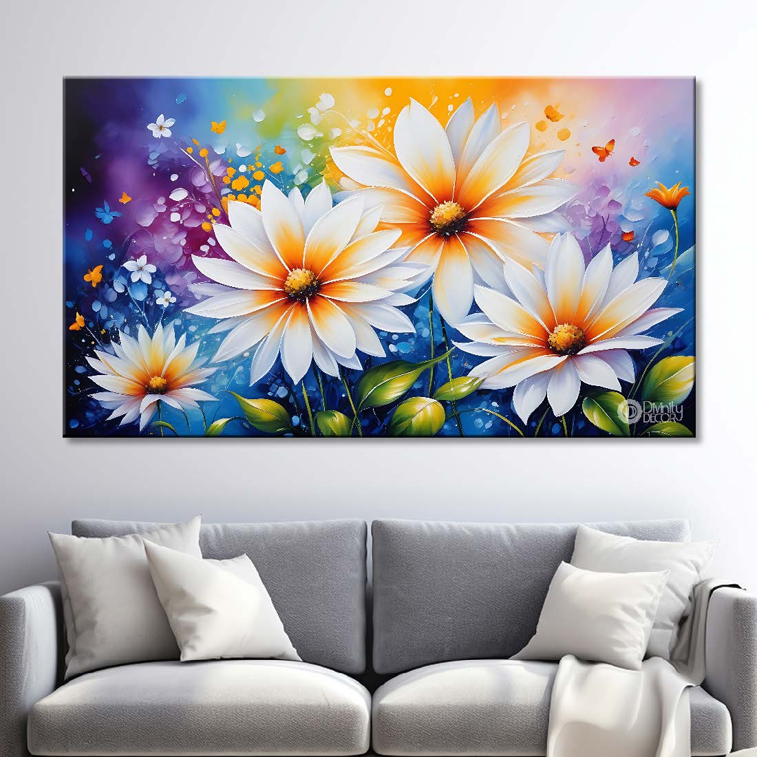 White flowers in colorful background canvas painting- Flower-635