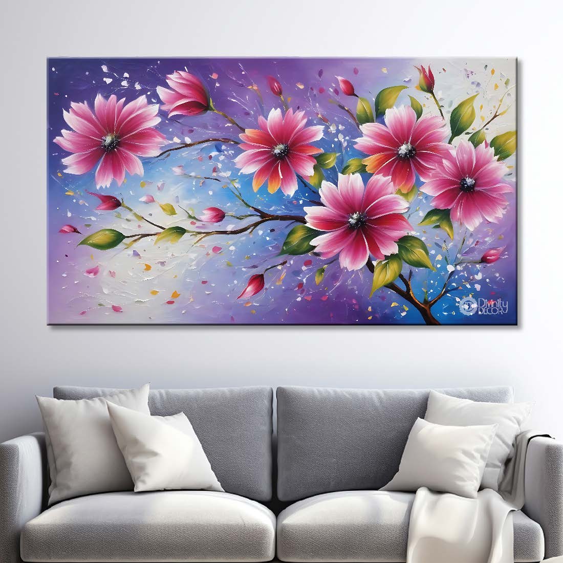 Pink flowers in purple background canvas painting- Flower-636