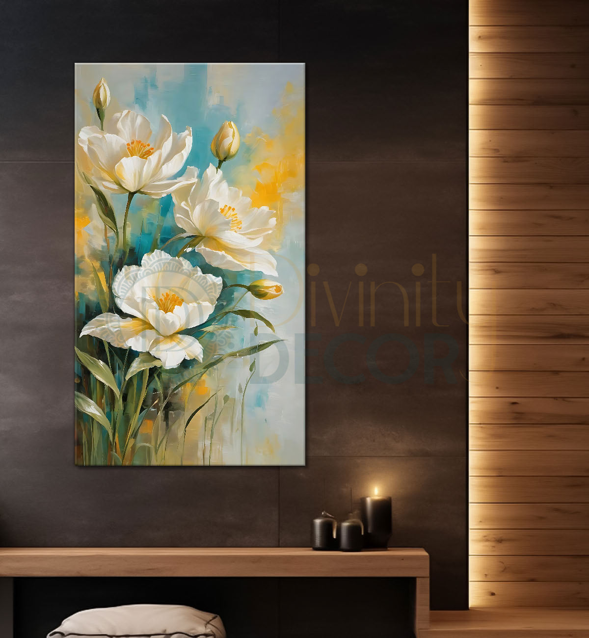 White flowers in yellow and blue textured painting - Flower-V-636