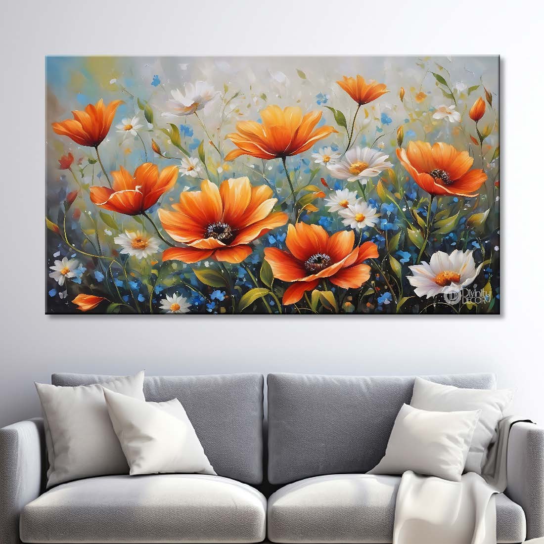 Orange flowers in grey background  canvas painting- Flower-638