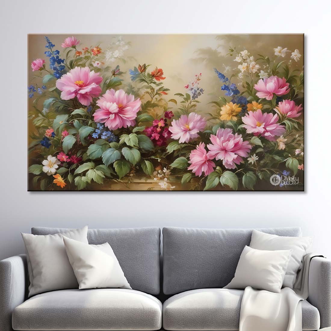 Pink flowers in grey background canvas painting- Flower-639