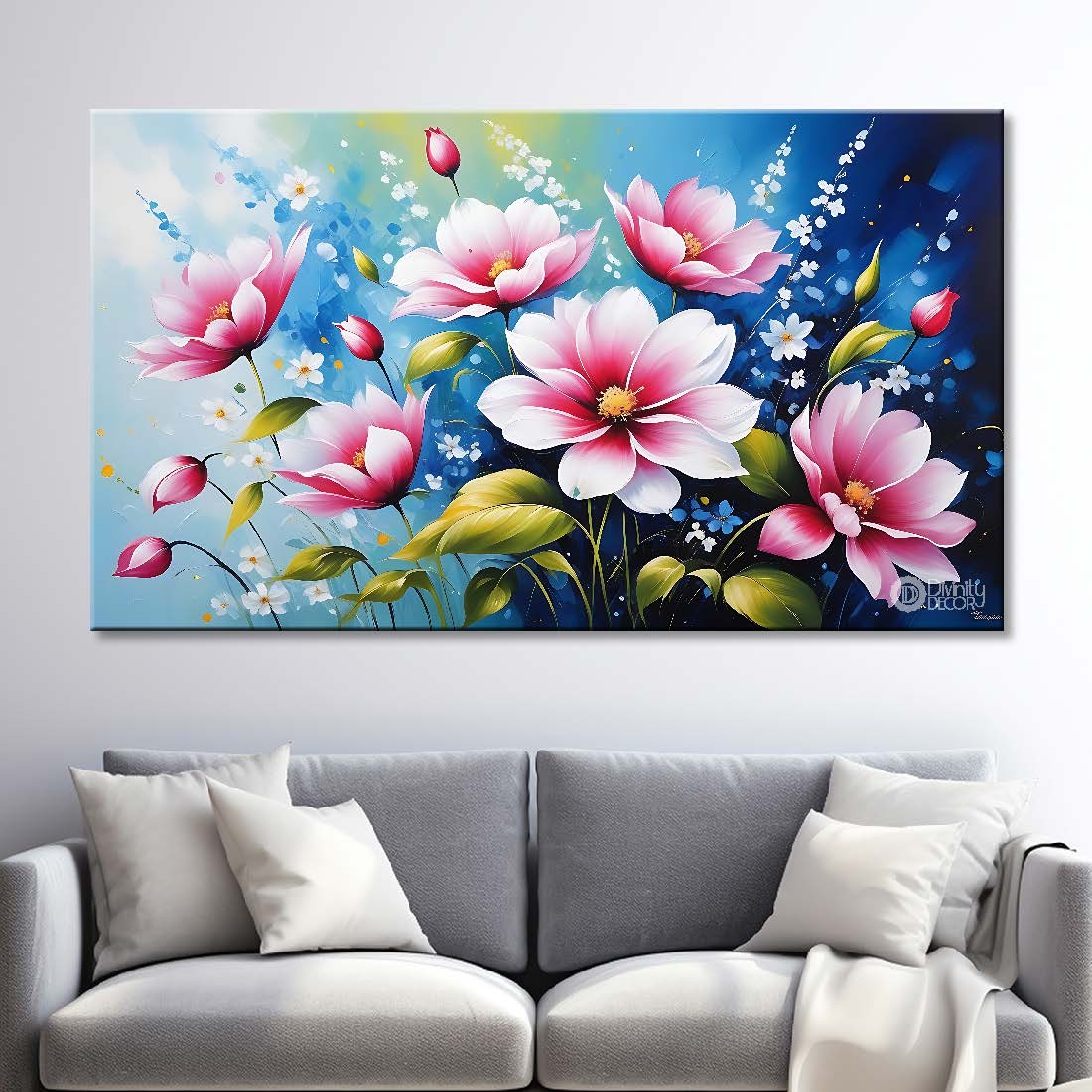 Pink flowers in sky blue background canvas painting- Flower-641