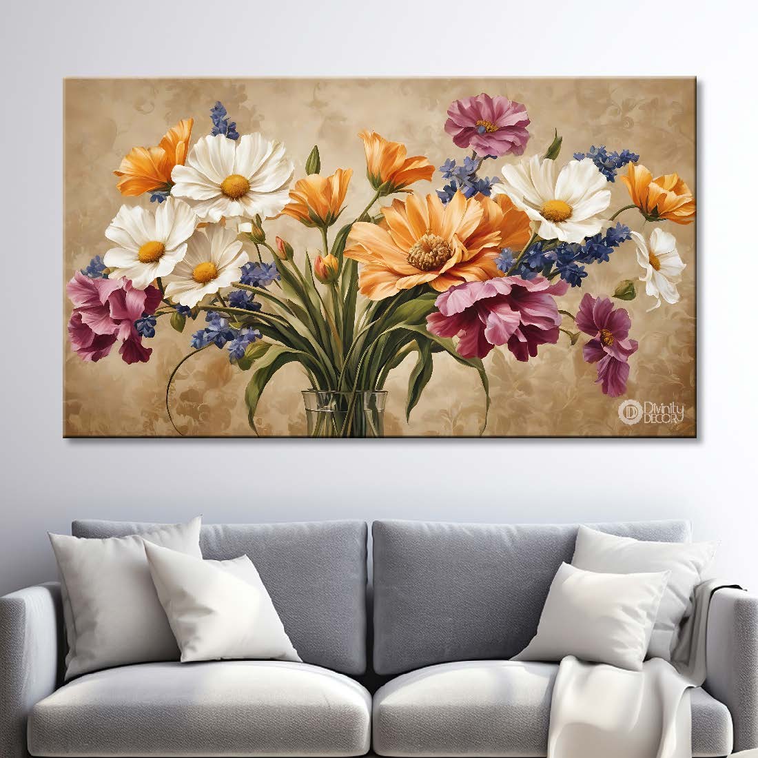 White yellow flowers in light brown background canvas painting- Flower-642