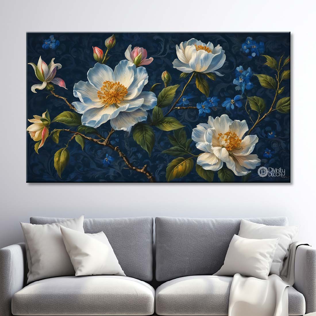 White flowers in navy blue background canvas painting- Flower-643