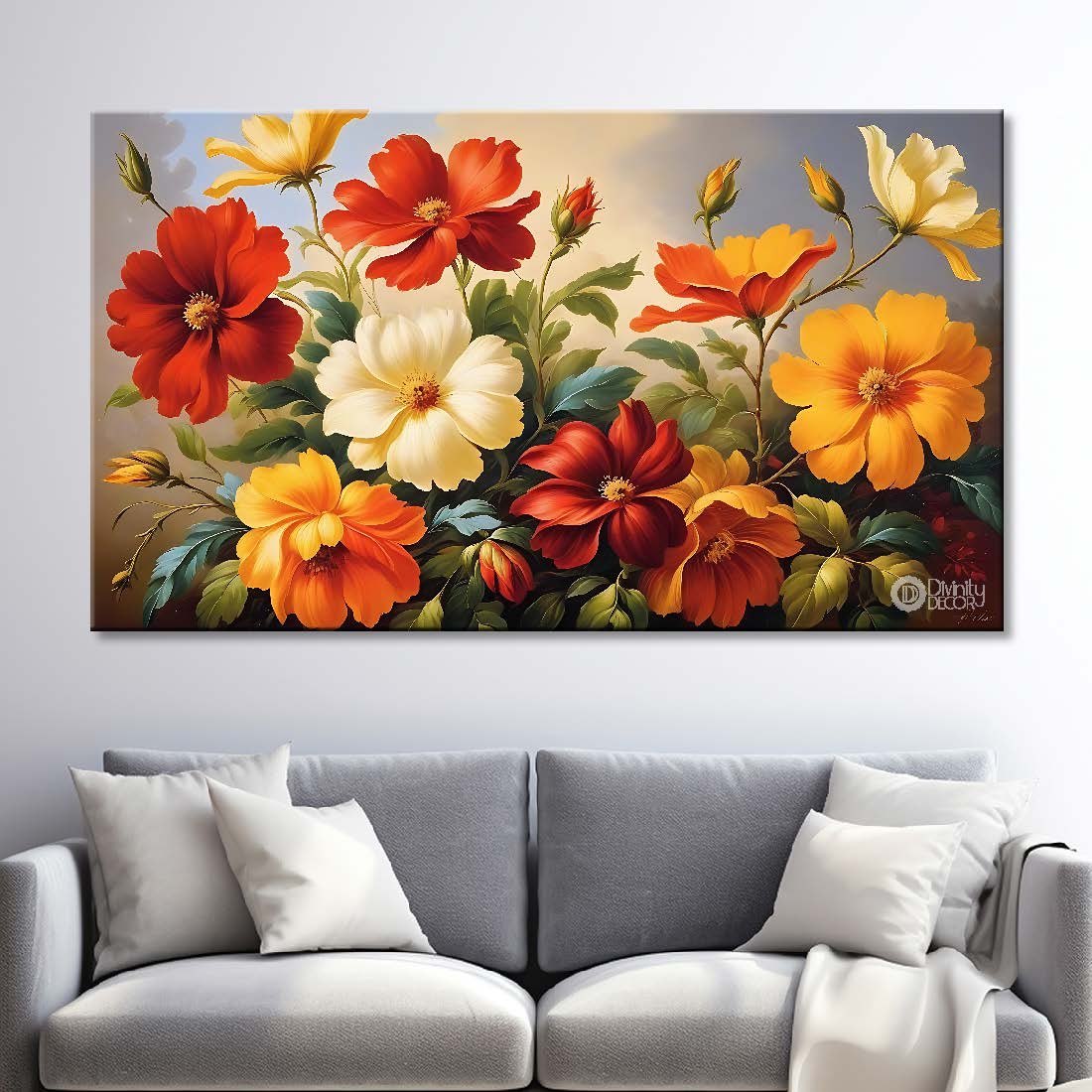 Colorful flowers in grey background canvas painting- Flower-644
