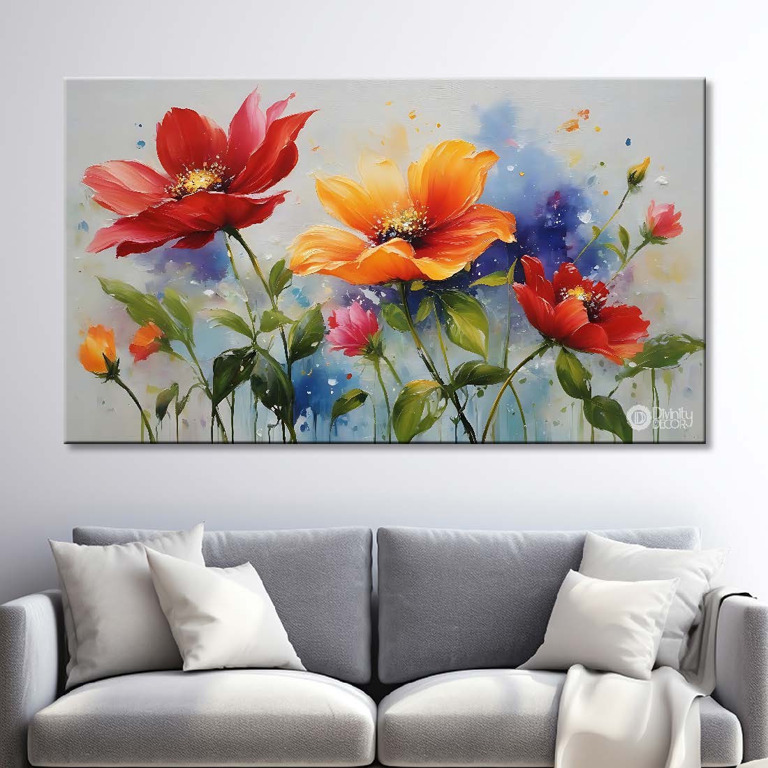 Colorful flowers in grey background canvas painting- Flower-645