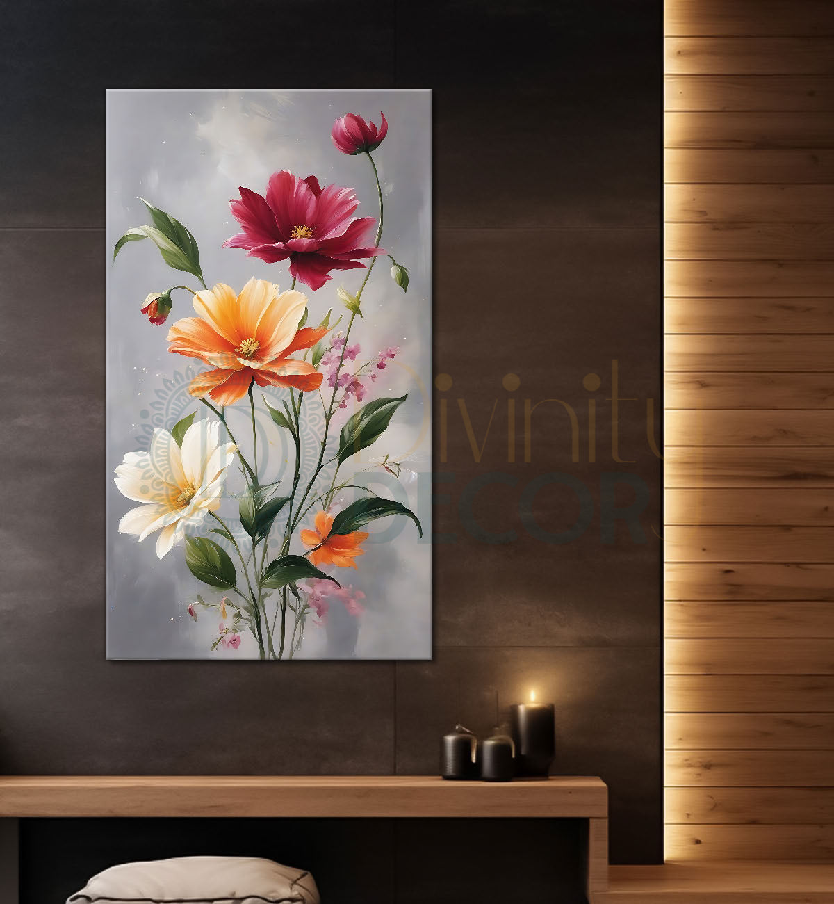 Colourful flowers in grey textured background painting - Flower-V-645