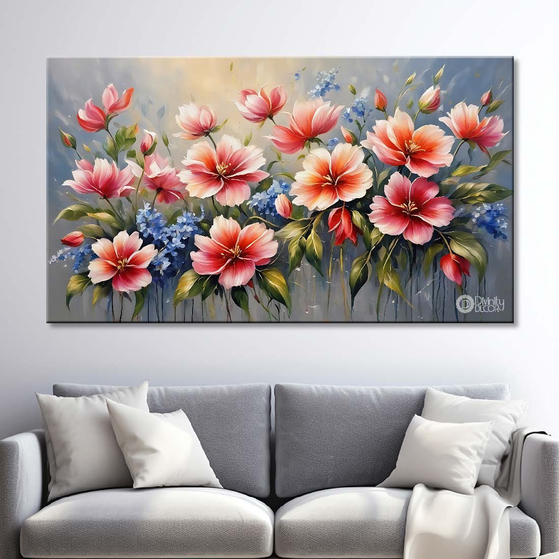Pink flowers in grey background canvas painting- Flower-646