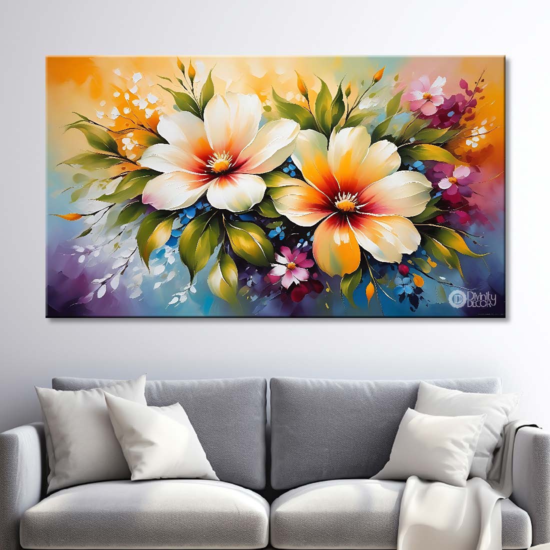 White flowers in sky blue background canvas painting- Flower-647