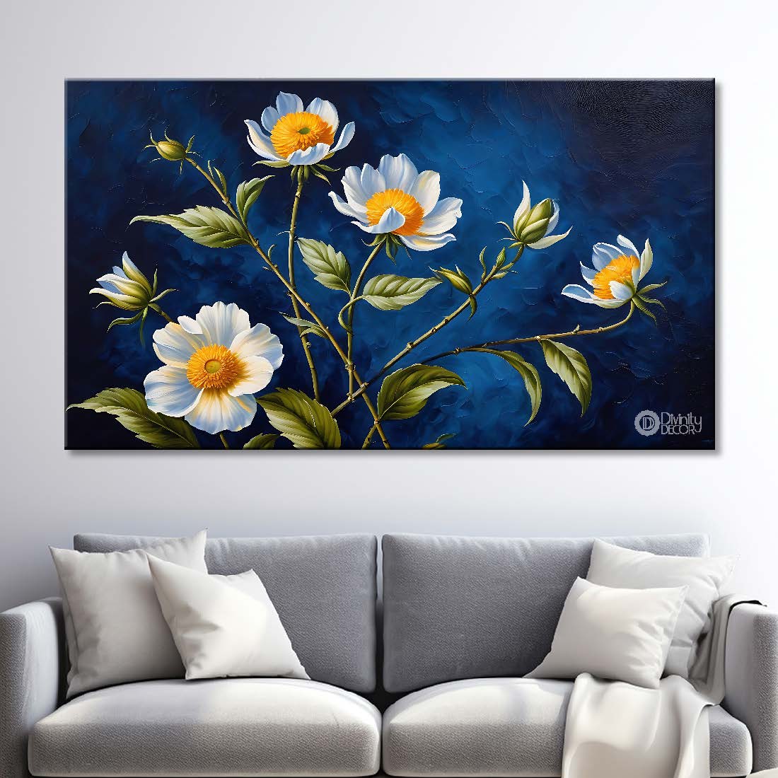 White flowers in navy blue background canvas painting- Flower-648