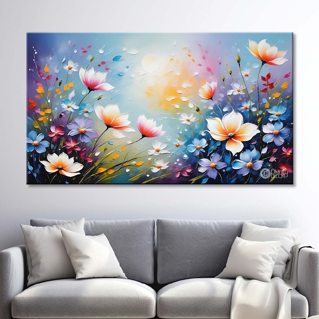 White flowers in sky blue background canvas painting- Flower-649