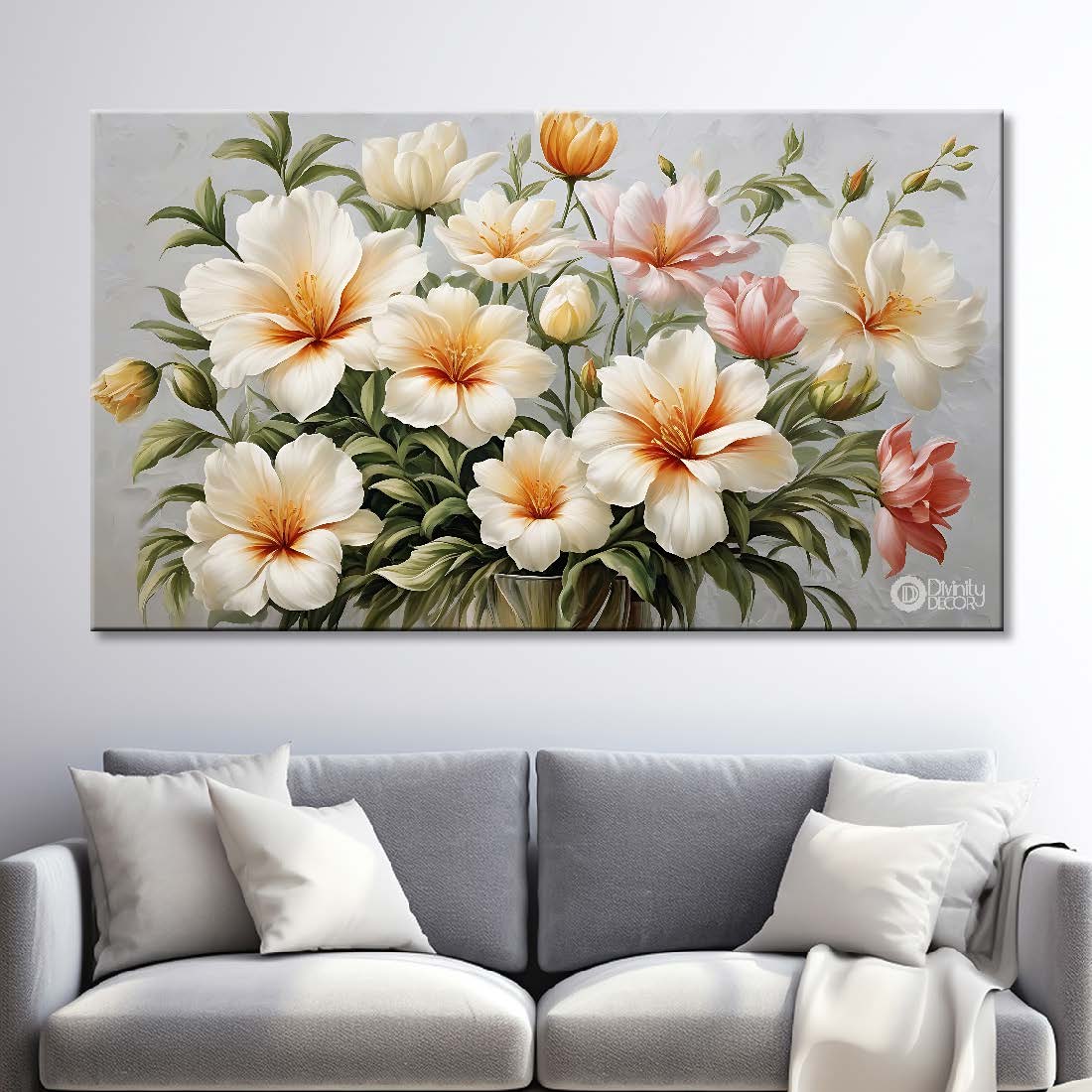 White flowers in light background canvas painting- Flower-650