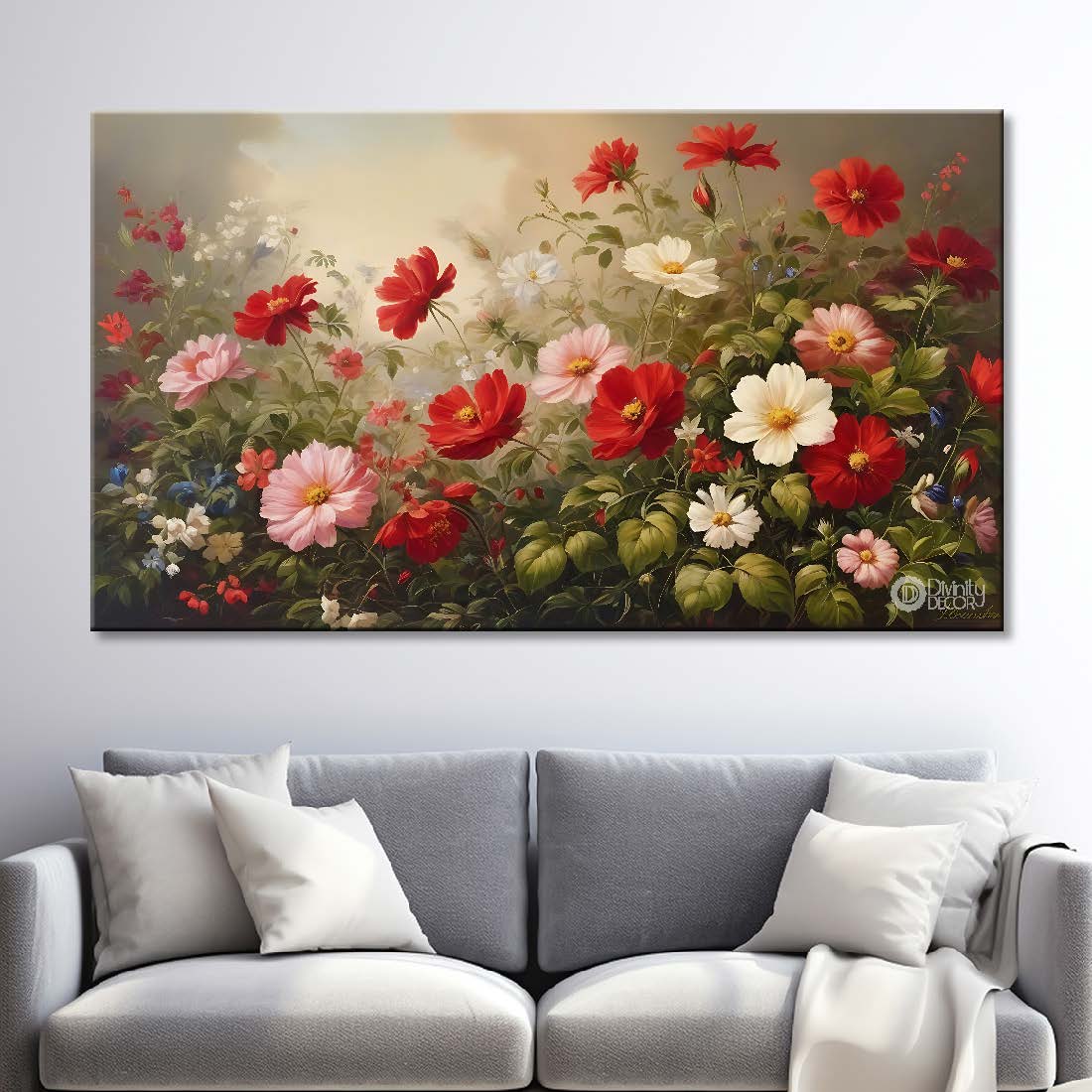 Red and pink flowers in light brown background canvas painting- Flower-651