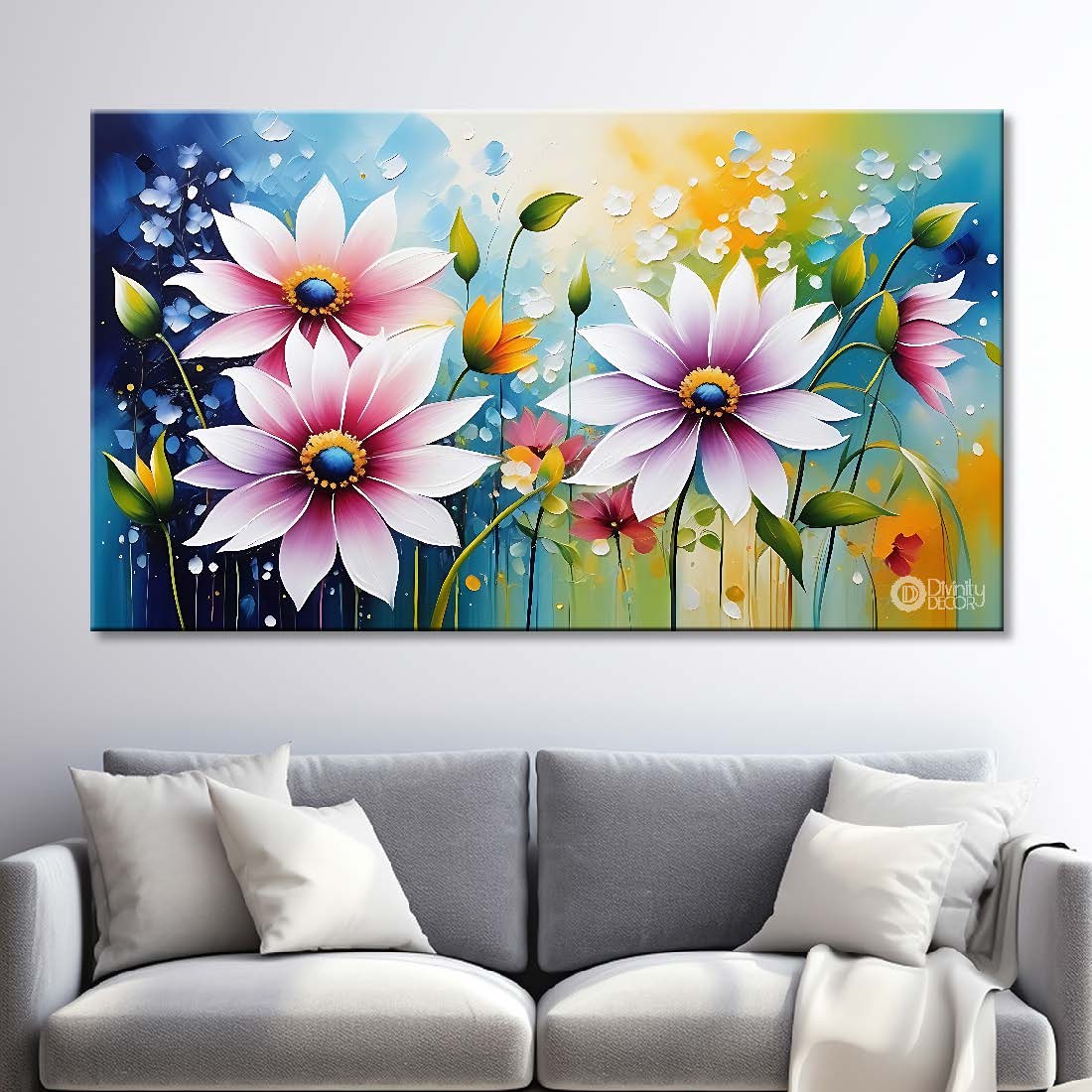 Pink flowers in sky blue background canvas painting- Flower-652