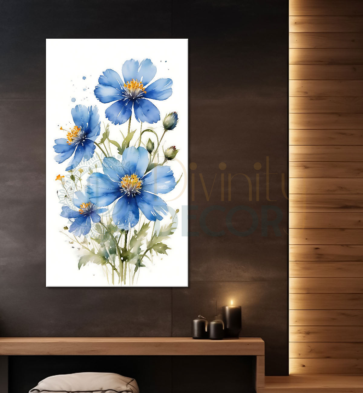 Blue flowers in white textured background painting - Flower-V-652