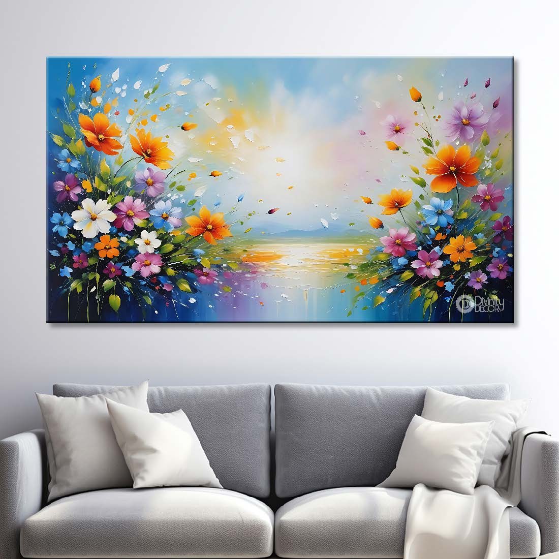 Colorful flowers with sea in sky blue background canvas painting- Flower-653
