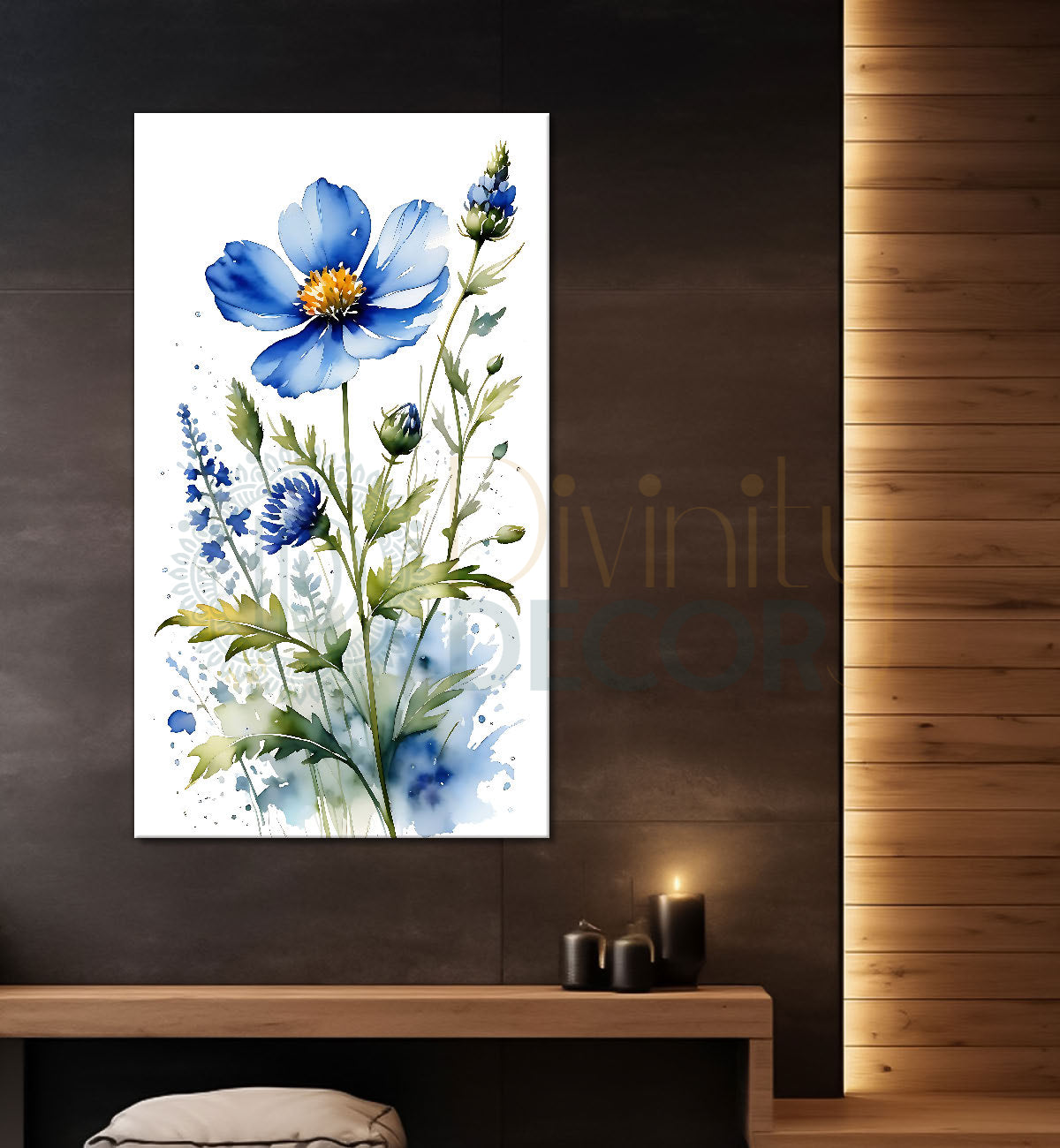 Blue flowers in white textured background painting - Flower-V-653