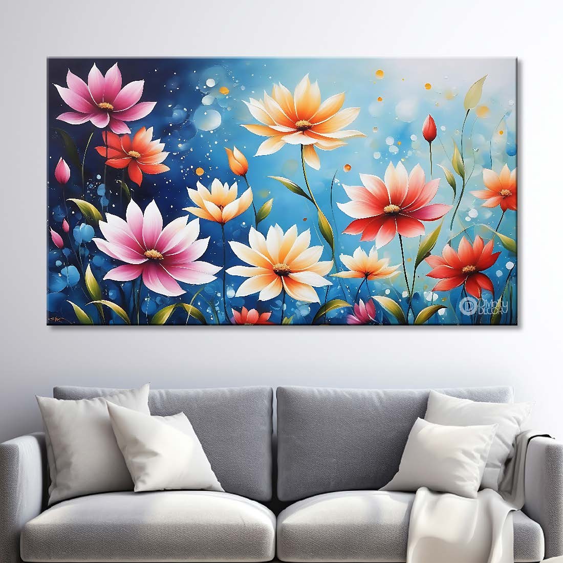 Pink and white flowers in sky blue background canvas painting- Flower-654