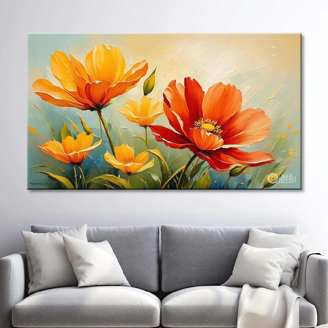 Orange flowers in grey background canvas painting- Flower-655