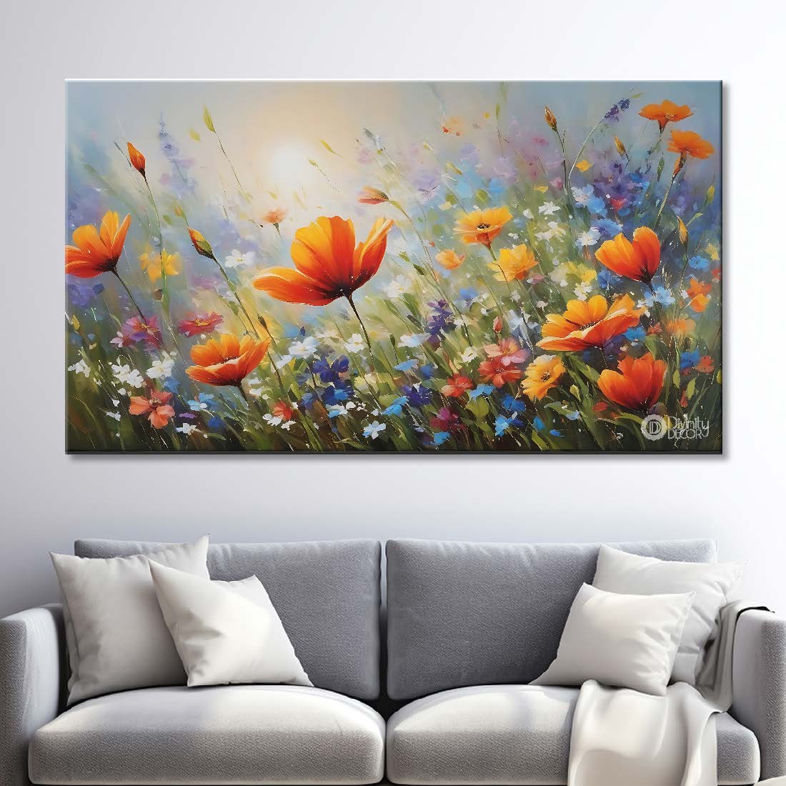 Orange flowers in grey background canvas painting- Flower-656