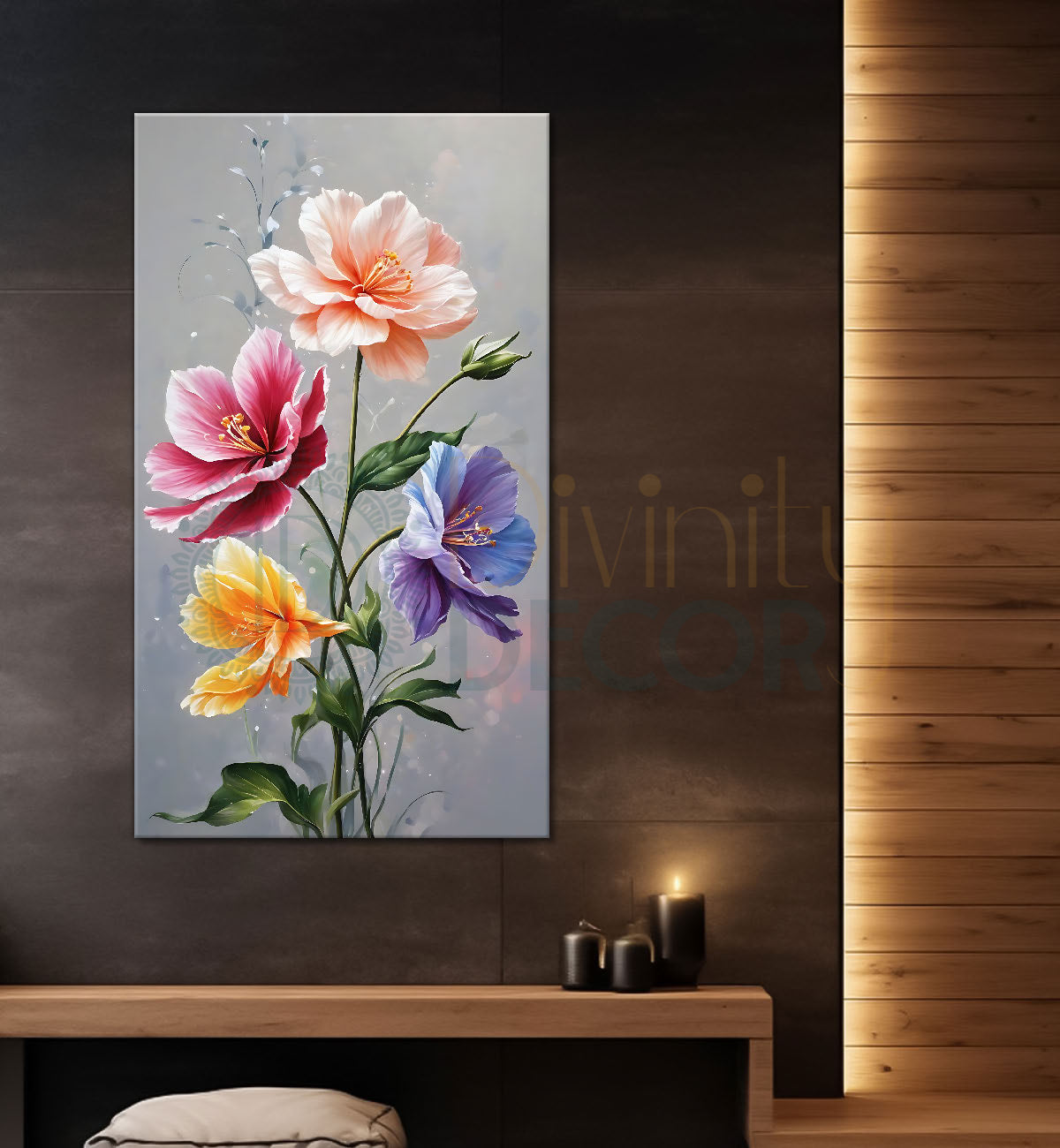 Colourful flowers in grey textured background painting - Flower-V-656