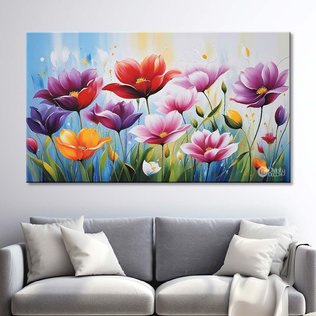 Colorful flowers in sky blue background canvas painting- Flower-657